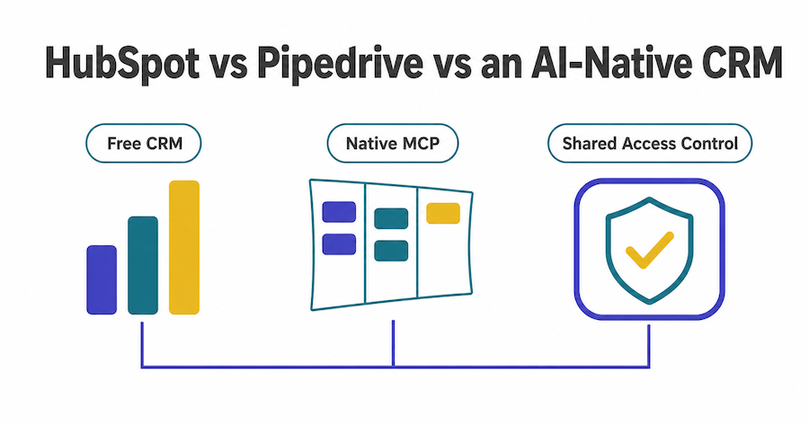 Diagram comparing HubSpot, Pipedrive, and an AI-native CRM on free tier, MCP access, and shared Access Control