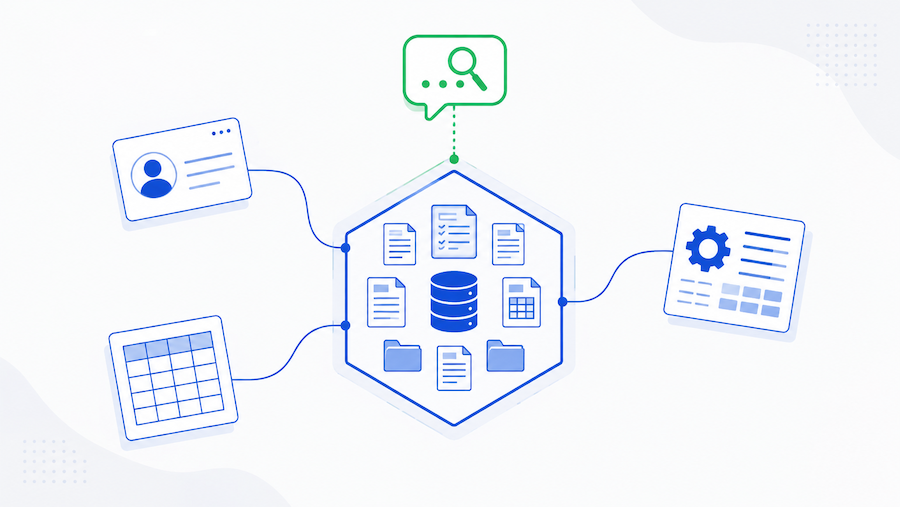 Illustration of scattered enterprise data systems connecting into one governed hub, queried by an AI layer
